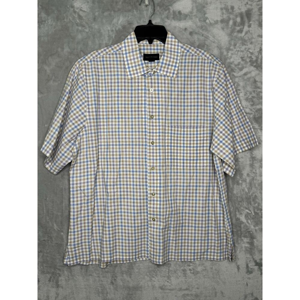 Scott Barber Shirt Mens Large Blue Tan Purple Plaid Short Sleeve Cotton Preppy